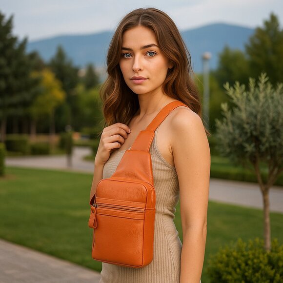 Leather Fanny Sling Bag for Women Men, Orange Waist Pack Crossbody Shoulder Bag - Picture 3 of 10